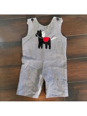 Vintage Black & White Gingham Kids Romper with Horse Pony Applique